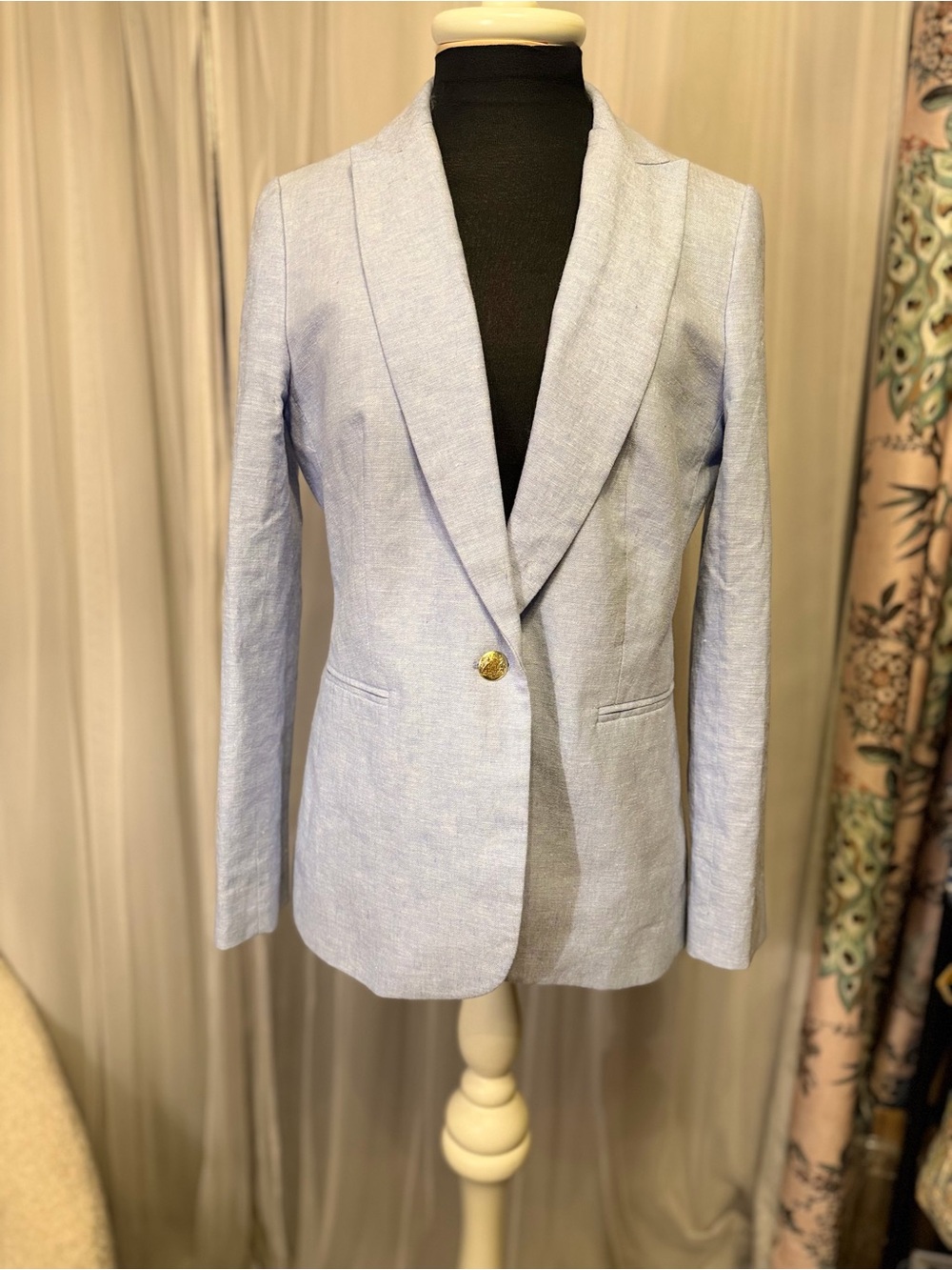 J.Crew Linen Cotton Blazer Size 6 Light Blue Gold Button Preppy